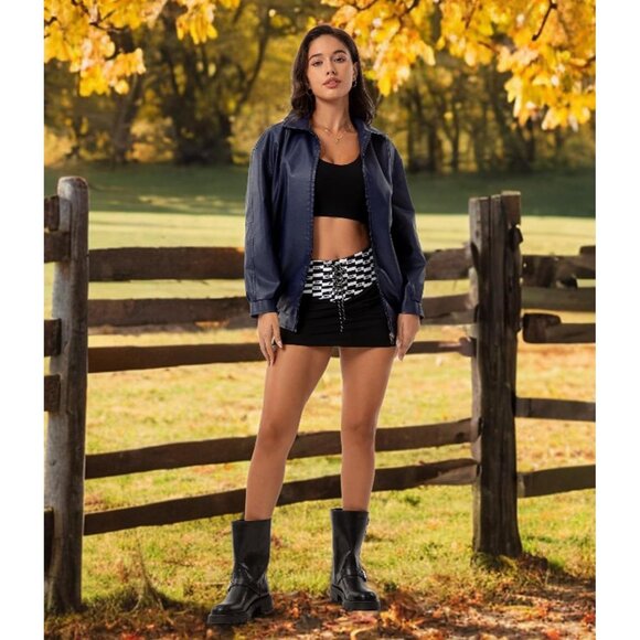 Women's Navy Oversized Faux Leather Fashion Zip Up Motorcycle Loose Fit Jacket - Picture 7 of 7